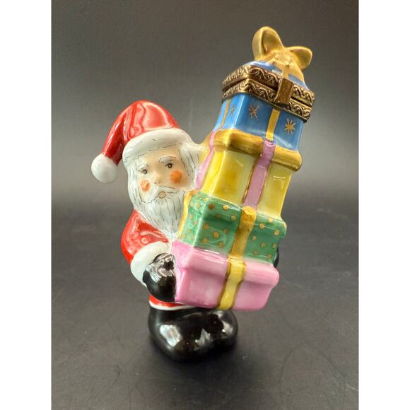 Vtg Limoges France Handpainted Santa w/Gift Stack Trinket box 3” Rochard Signed